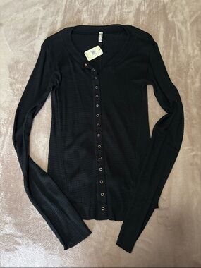 Free people Black Long Sleeve Waffle Knit Button Cardigan